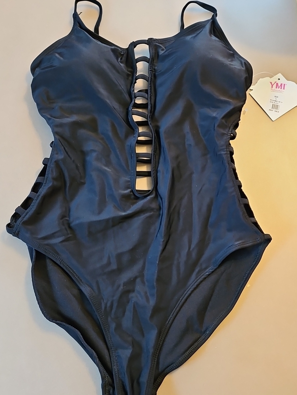 YMI Black Ladder-Cut One-Piece Swimsuit, Size Large, Womens